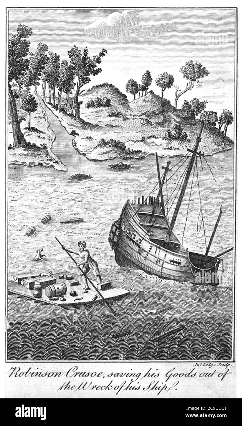 ROBINSON CRUSOE 1719 Roman von Daniel Defoe. Gravur aus der 3. Ersten Ausgabe zeigt den Kreuzritter, der Waren aus seinem Wrack geborgen hat. Stockfoto