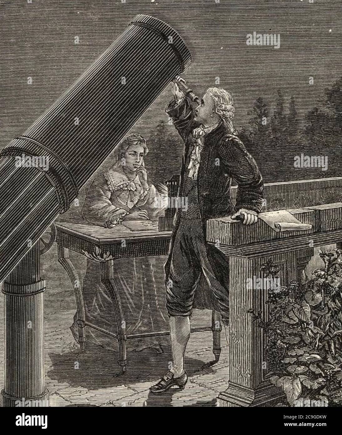 WILLIAM HERSCHEL (1738-1822) der in Deutschland geborene Astronom wird von seiner Schwester Caroline in ihrem Datchet-Haus ca. 1 783 unterstützt Stockfoto