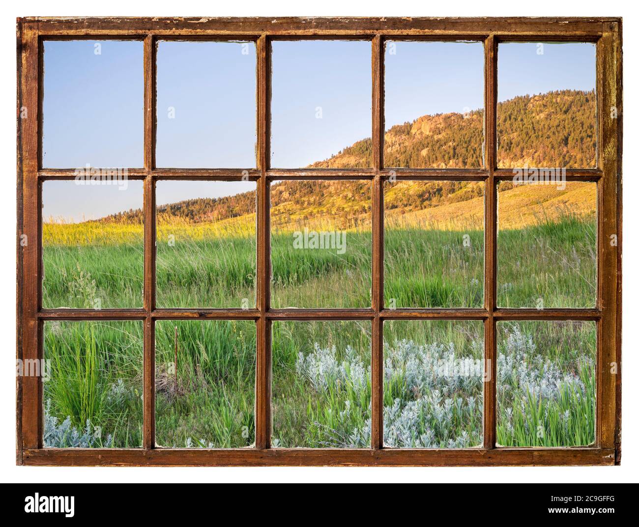 Frühsommerlandschaft der Rocky Mountains Ausläufer im Norden Colorados aus einem alten Fenster gesehen Stockfoto