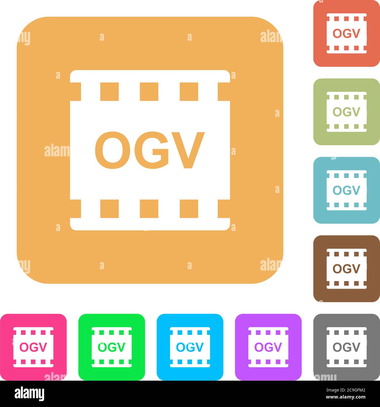 OGV-Film-Format flache Symbole auf abgerundeten quadratischen lebendige Farben Hintergründe. Stock Vektor