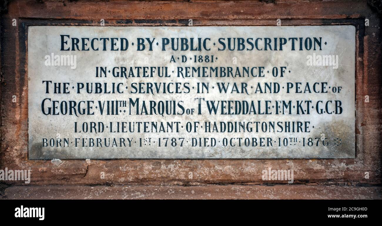 Gedenktafel für George Hay, 8. Marquess of Tweeddale, Haddington, East Lothian, Schottland, Großbritannien Stockfoto