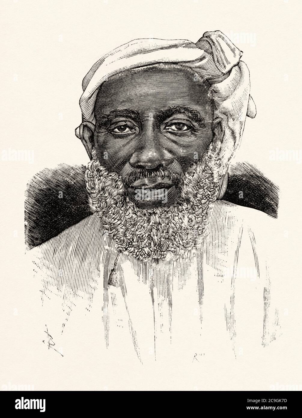 Porträt der Tippu TIB oder Spitze. Hamed bin Mohammed el Marjebi Suaheli (1837 - 1905) Sklavenhändler aus Sansibar, Plantagenbesitzer, Gouverneur des Stanley Falls District und Lieferant der Träger der Emin Pasha Relief Expedition von Sir Henry Morton Stanley. Alte XIX Jahrhundert gravierte Illustration von La Ilustracion Española y Americana 1890 Stockfoto