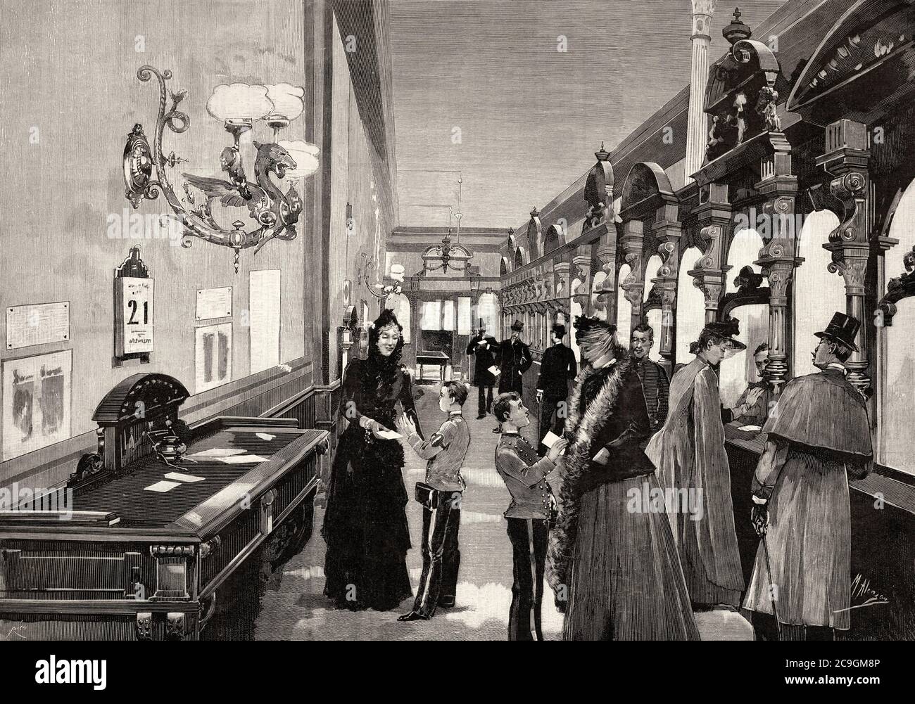 Im Jahr 1890 eröffnete Continental Express das Äquivalent einer aktuellen Kurierfirma in Madrid, Spanien. Alte XIX Jahrhundert gravierte Illustration von La Ilustracion Española y Americana 1890 Stockfoto
