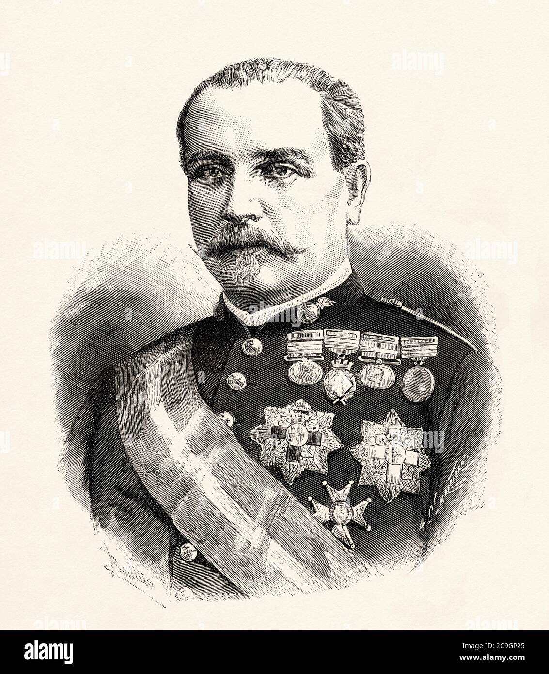 Porträt von Manuel Cassola Fernández (Hellín 1837 - Madrid 1890) Spanischer Militärmann und Politiker, Spanien. Alte XIX Jahrhundert gravierte Illustration von La Ilustracion Española y Americana 1890 Stockfoto