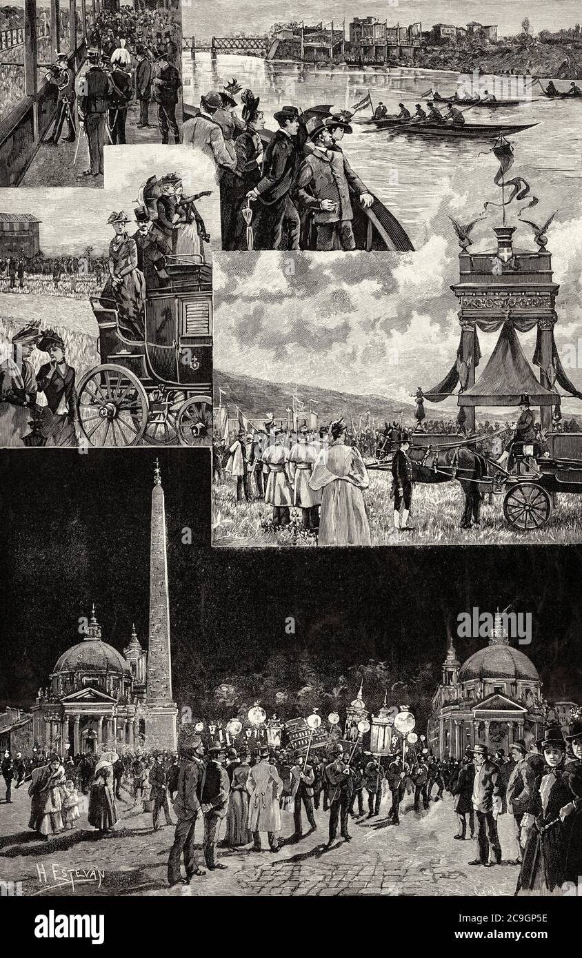 Feierlichkeiten vom 1890. Mai in Rom. Umberto I. eröffnet das nationale Zielschießen, Regatten auf dem Tiber, Pferderennen Hippodrom in Tor di Quinto, die traditionelle Fiaccolata auf der Piazza del Popolo, Italien. Alte XIX Jahrhundert gravierte Illustration von La Ilustracion Española y Americana 1890 Stockfoto