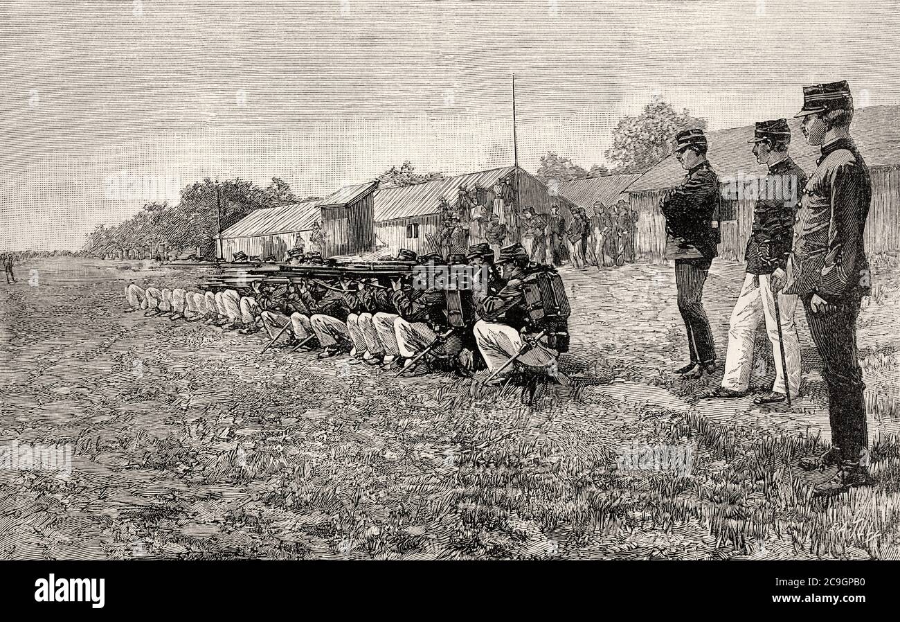 Rauchfreies Pulver in Schusswaffen und Artillerie verwendet, die traditionelle Schießpulver im späten 19. Jahrhundert ersetzt. Alte XIX Jahrhundert gravierte Illustration von La Ilustracion Española y Americana 1890 Stockfoto