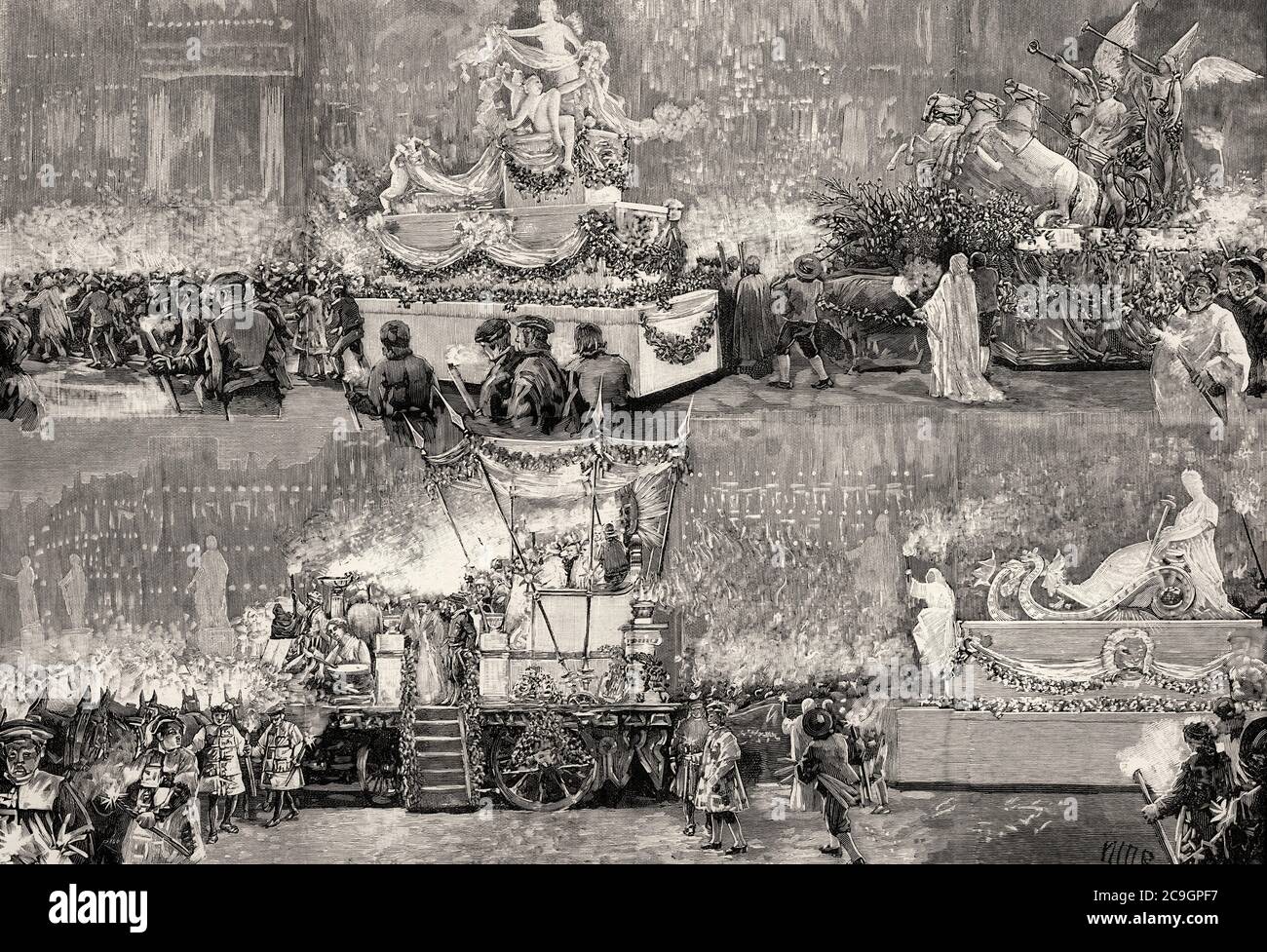 Das Fest des heiligen Antonius von Florida 1890 Madrid. Parade der geschmückten Wagen, Spanien. Alte XIX Jahrhundert gravierte Illustration von La Ilustracion Española y Americana 1890 Stockfoto