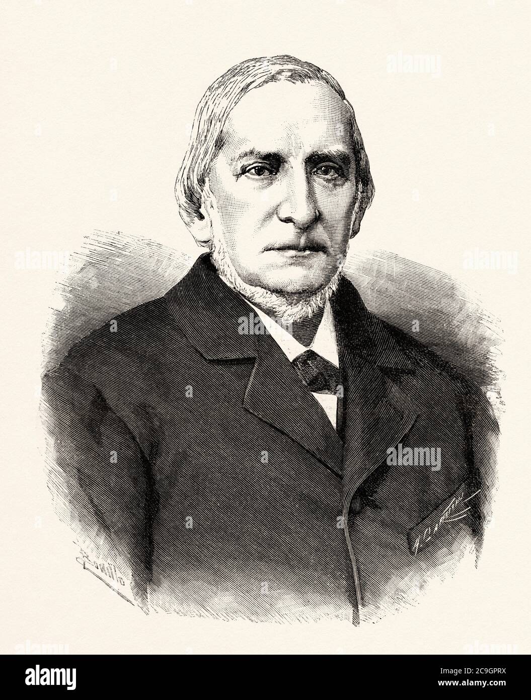 Porträt von Miguel Colmeiro y Penido (Santiago de Compostela 1816 - Madrid 1901) spanischer Botaniker, Mitglied der Königlichen Akademie der Exaktie, Physikalischen Wissenschaften und Naturwissenschaften, Spanien. Alte XIX Jahrhundert gravierte Illustration von La Ilustracion Española y Americana 1890 Stockfoto