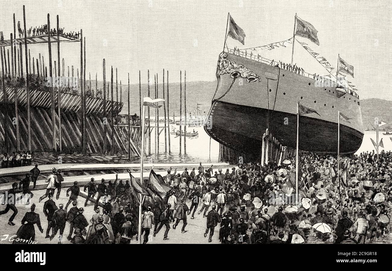 Start des Panzerkreuzers Infanta María Teresa in der Werft Nervion, Bilbao am 30. August 1890. Es war das Flaggschiff der Mannschaft von Admiral Cervera während des Cub-Krieges, versenkt in Santiago de Cuba im Jahr 1898 während der Seeschlacht von Santiago de Cuba, Spanien. Alte XIX Jahrhundert gravierte Illustration von La Ilustracion Española y Americana 1890 Stockfoto