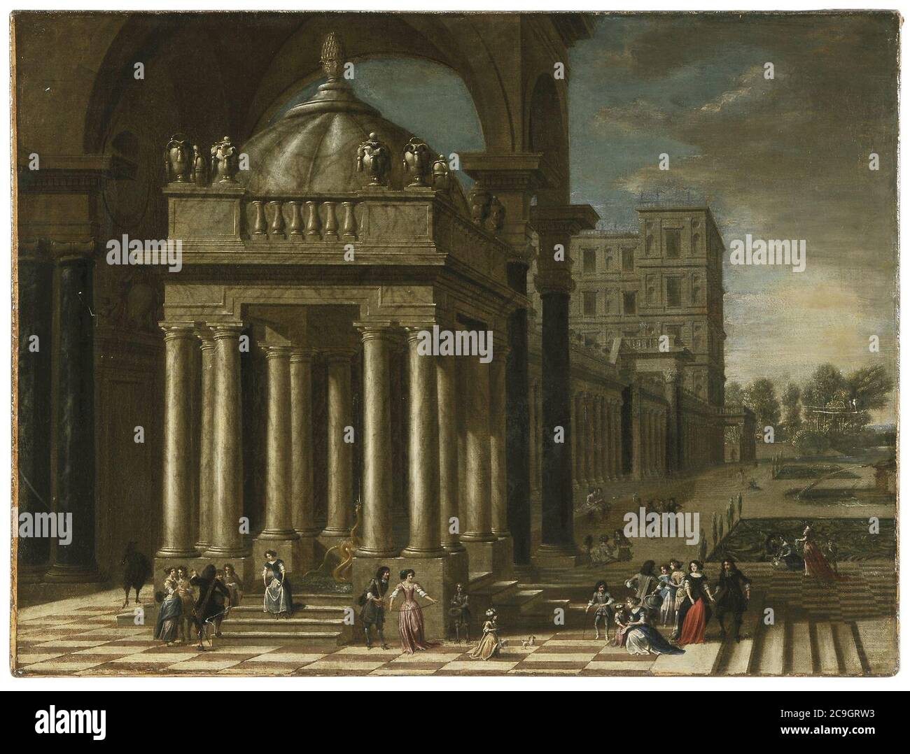 Jakob Ferdinand Saeys (Attr.) - Klassischer Portikus mit Brunnen, elegante Gesellschaft auf einer palastartigen Terrasse mit formalen Gärten. Stockfoto