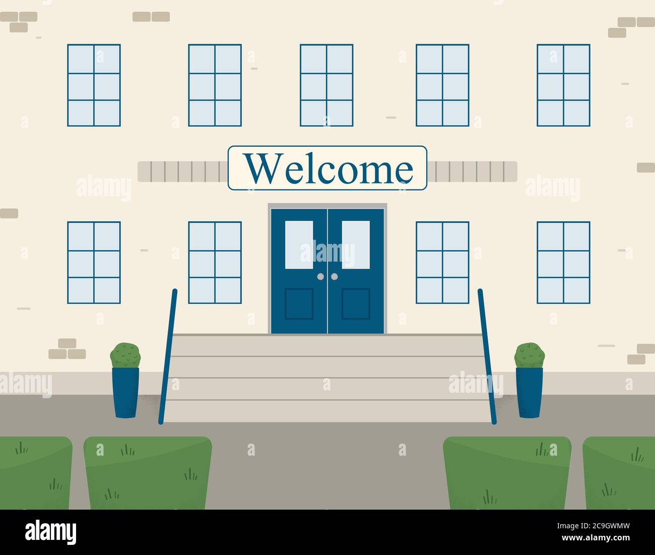 Klassische Backsteinfassade des Schulgebäudes oder der öffentlichen Einrichtung mit dem Wort Herzlich Willkommen. Eingang mit Veranda mit Stufen zur Bildungseinrichtung Stock Vektor