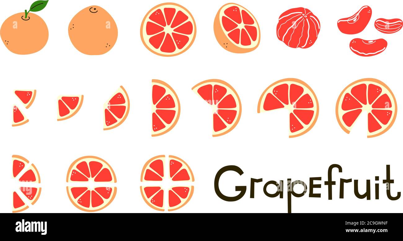 Zitrusfrüchte. Grapefruit ganz und geschnitten, halb und in Scheiben geschnitten. Vitamin C. Satz von positiven modernen Vektor-Elemente in warmen Farben isoliert auf weiß. Clipart Stock Vektor