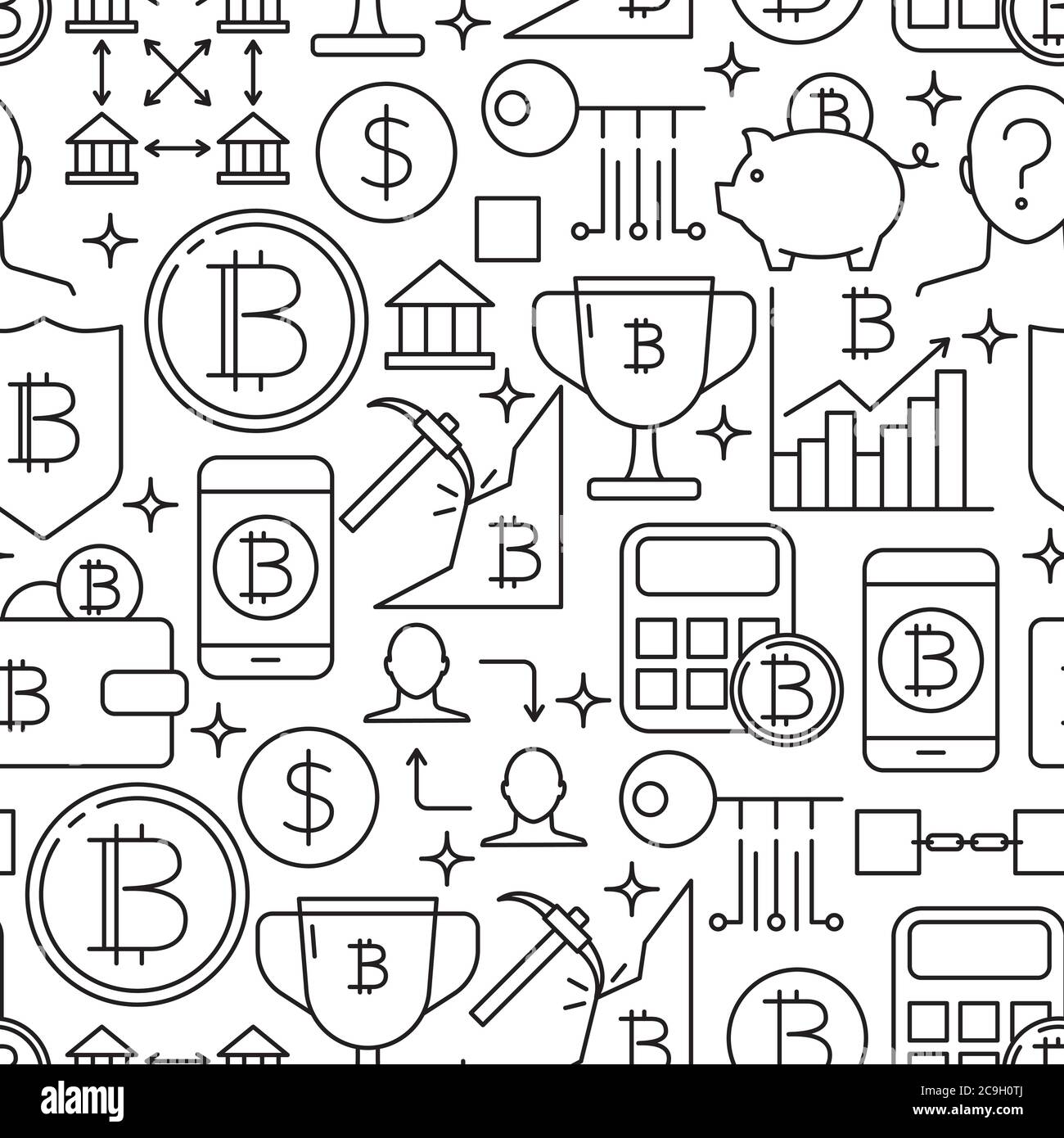 Digitales Geld Nahtloses Muster im Linienstil. Digitale Währung wiederholender Hintergrund mit Bitcoin-Services-Symbolen. Vektorgrafik. Stock Vektor