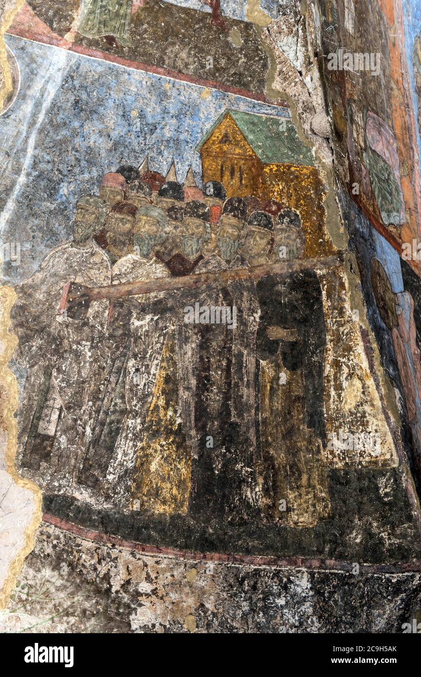Szene aus dem Jüngsten Gericht, Wandmalerei aus dem 12. Jahrhundert, Narthex der Kirche Mariä Himmelfahrt, Kloster der Wardsia-Höhle Stockfoto