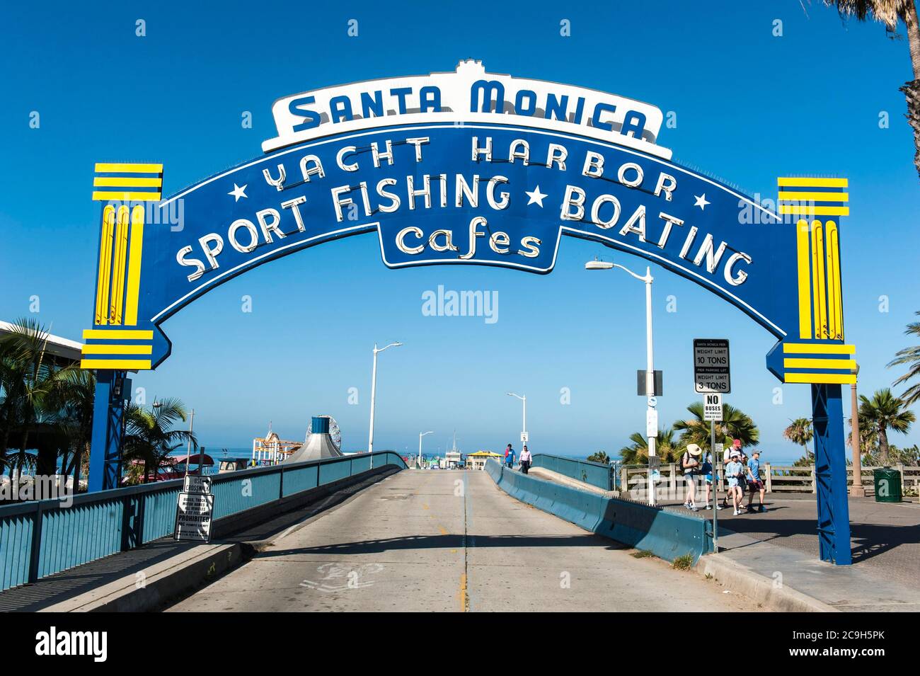 Historisches Zeichen Santa Monica Jachthafen, Pier, Santa Monica, Los Angeles County, Kalifornien, USA Stockfoto