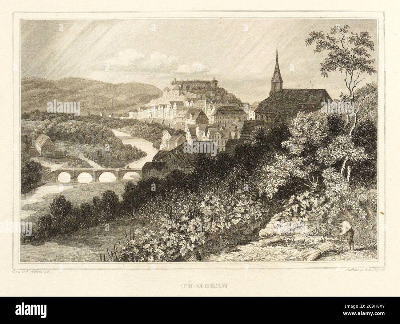 J Poppel nach Fr Abresch - Tübingen Ostansicht Stahlstich 1842. Stockfoto