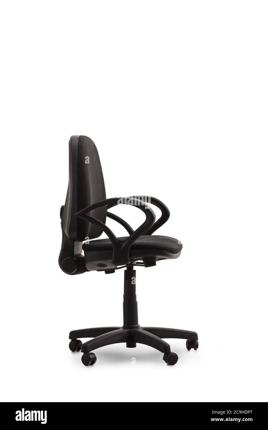 Studioaufnahme eines schwarzen Schreibtischstuhls isoliert auf weißem Hintergrund Stockfoto