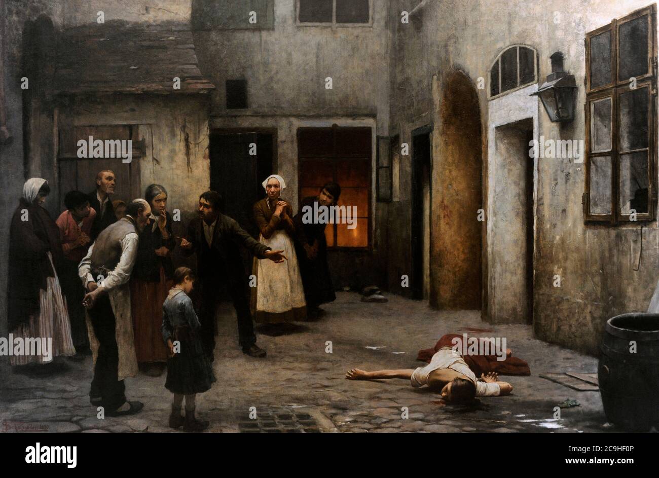 Jakub Schikaneder (1855-1924). Tschechischer Maler. Mord im Haus, 1890. Öl auf Leinwand. Nationalgalerie. Prag. Tschechische Republik. Stockfoto