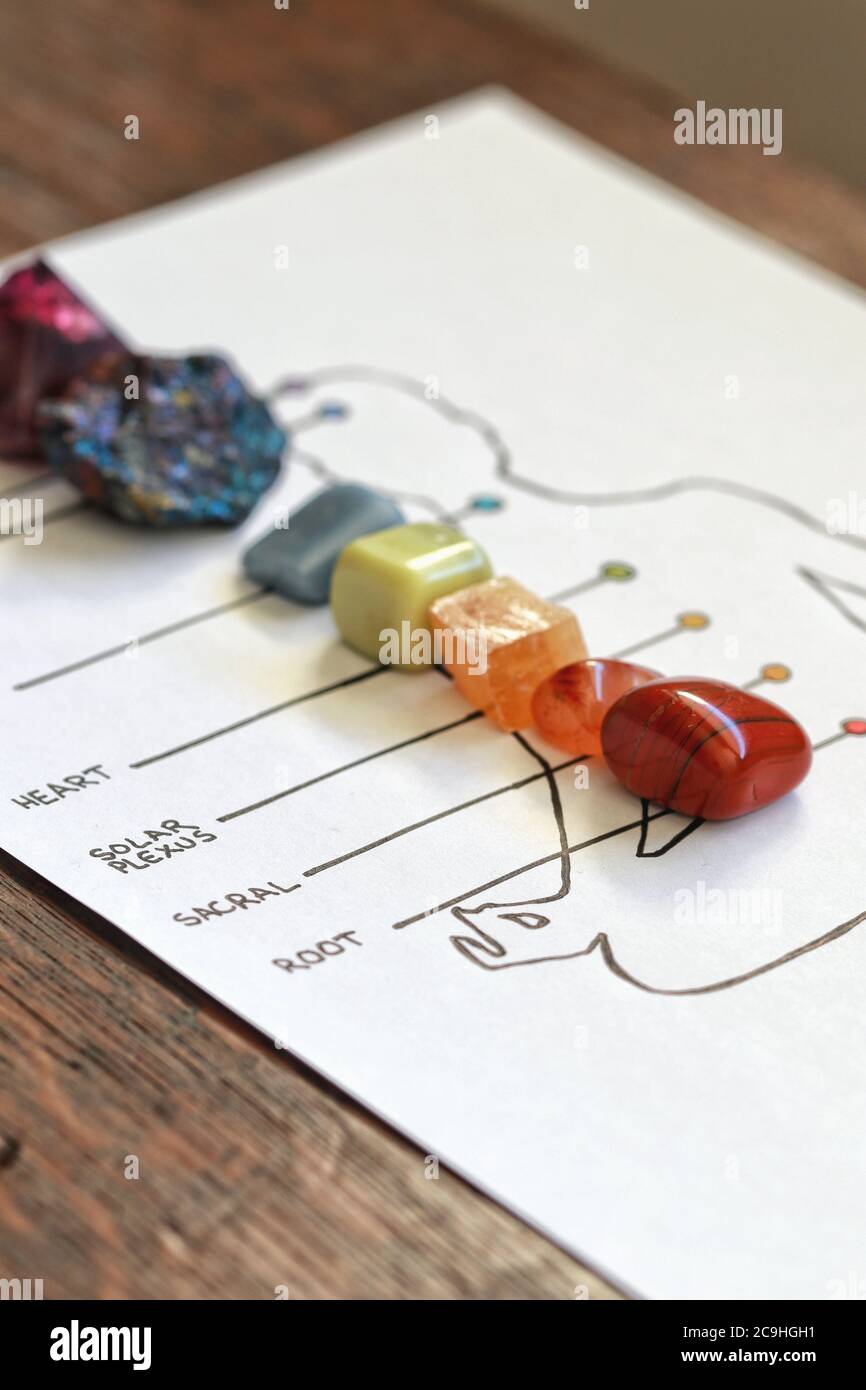 Makroaufnahme aller Chakradiagramme mit entsprechenden Farben und Kristallen. Meditieren menschliche Silhouette mit Amethyst, Pfau Erz, Engel Stockfoto