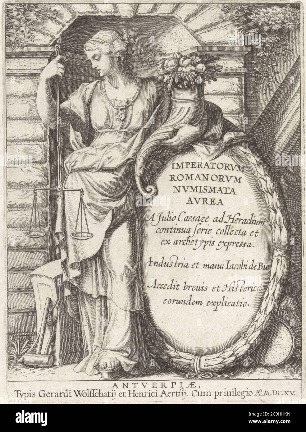 Jacob de Bie - Frontispiz des Imperatorum Romanorum Numismata Aurea a Julio Cæsare Ad Heraclium Continua Serie Collecta. Stockfoto