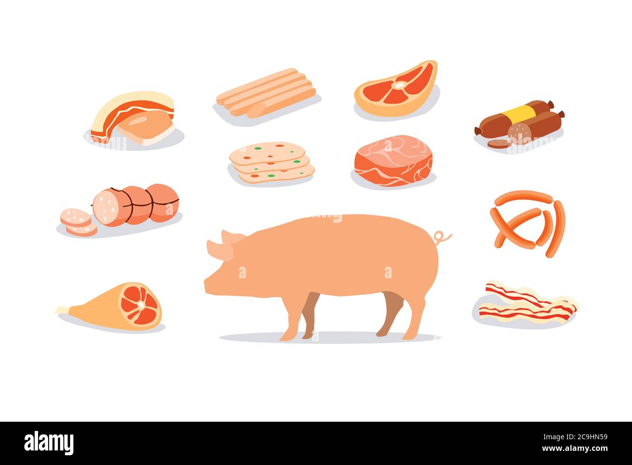 Schweinefleisch Produkte sind weit verbreitet konsumiert. Verarbeitete Produkte aus Schweinefleisch. Stock Vektor
