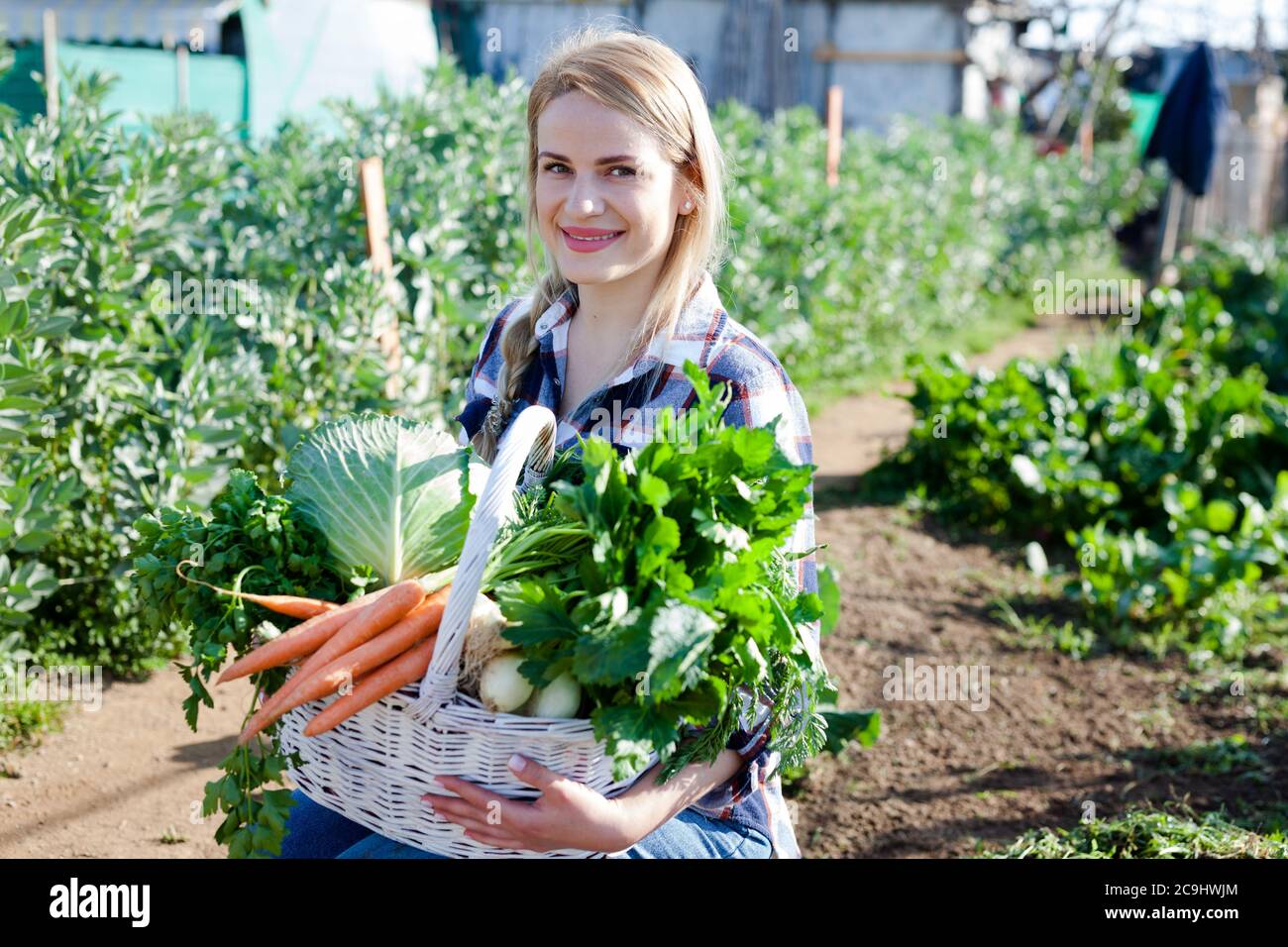 Bauer Frau mit einer Ernte von Kohl, Karotten und Zwiebeln aus dem Garten Stockfoto