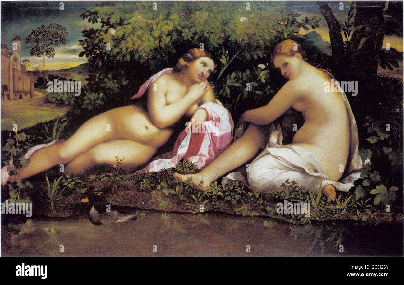 Jacopo Palma (il Vecchio) - Twee rustende nimfen (Jupiter als Diana, en Kallisto^) Stockfoto