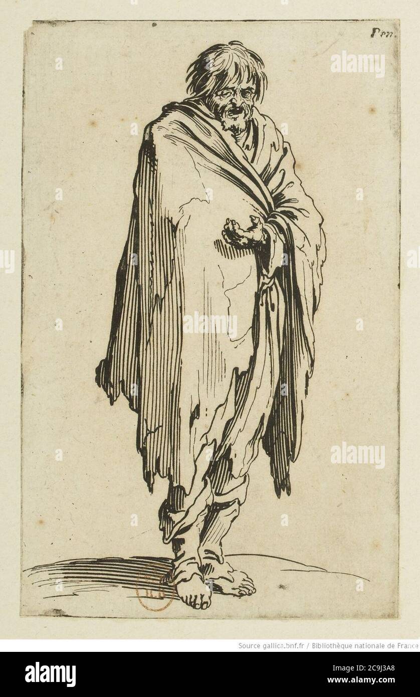 Jacques Callot - Les Gueux (12) - Le mendiant à la tête découverte et aux pieds nus. Stockfoto