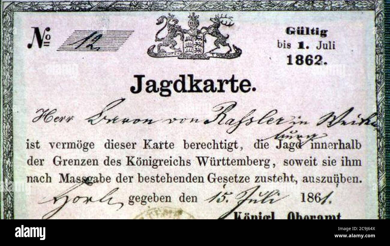Jagdkarte Königreich Württemberg 1862. Stockfoto