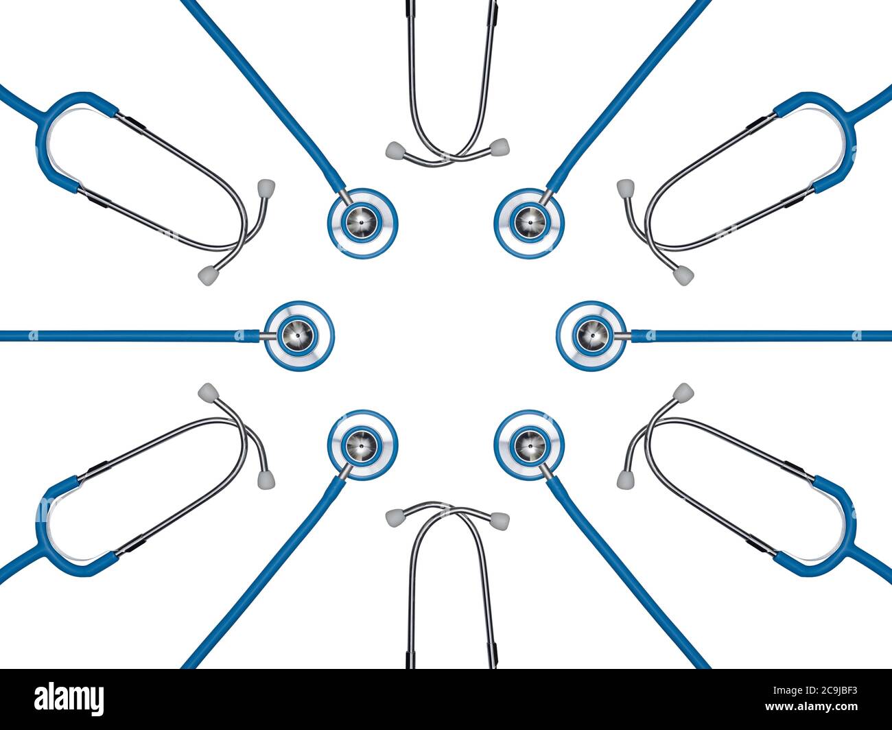 Stethoskope im Kreis vor weißem Hintergrund. Stockfoto