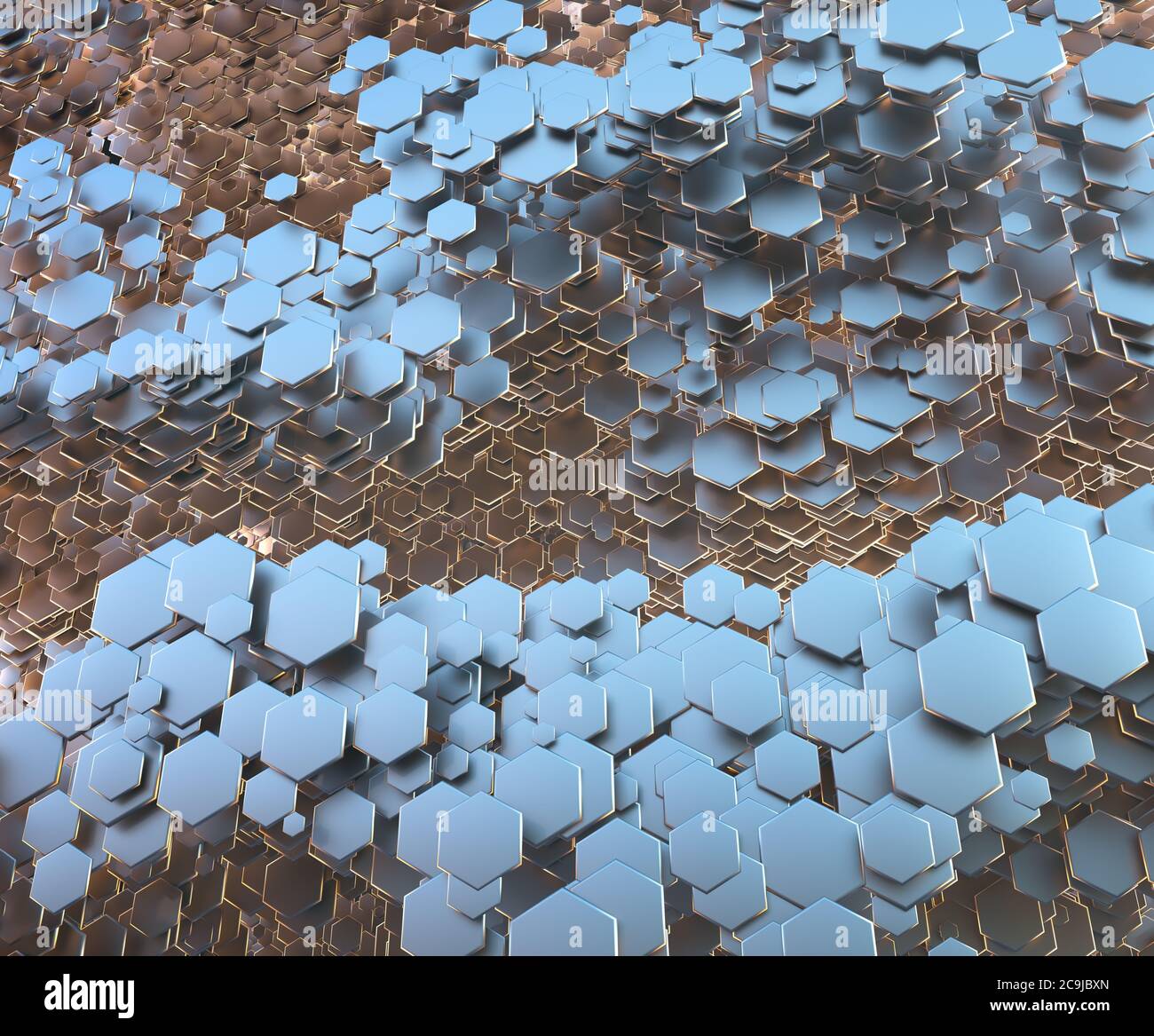 Abstrakter Hintergrund von polygonalen metallischen Waben, Illustration. Stockfoto