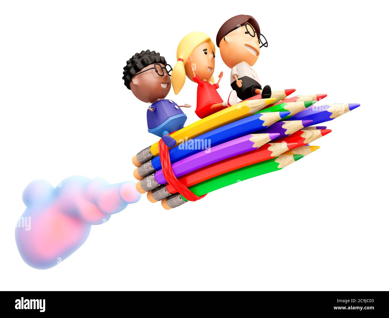 Lustige Schulkinder fahren auf einer Rakete. Isoliert auf Weiß. 3D-Illustration. Stockfoto