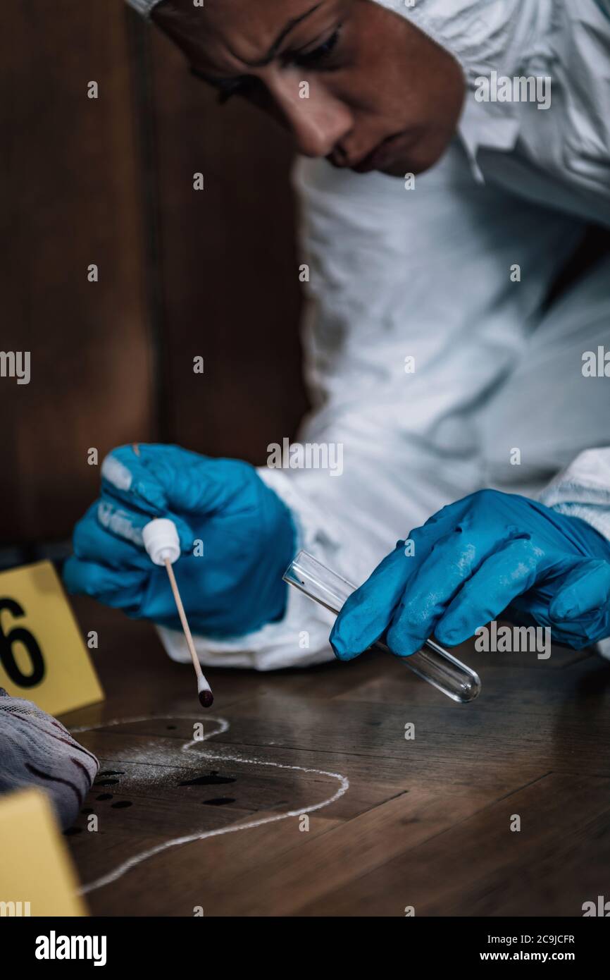 Tatort. Forensik-Experte, der Blutproben von einem Tatort sammelt. Stockfoto