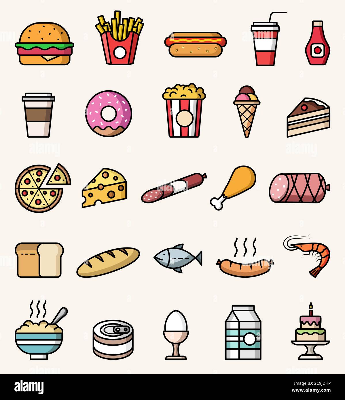 Symbole für Vektornahrung. Isolierte bunte flache Stil Illustrationen Set Stock Vektor