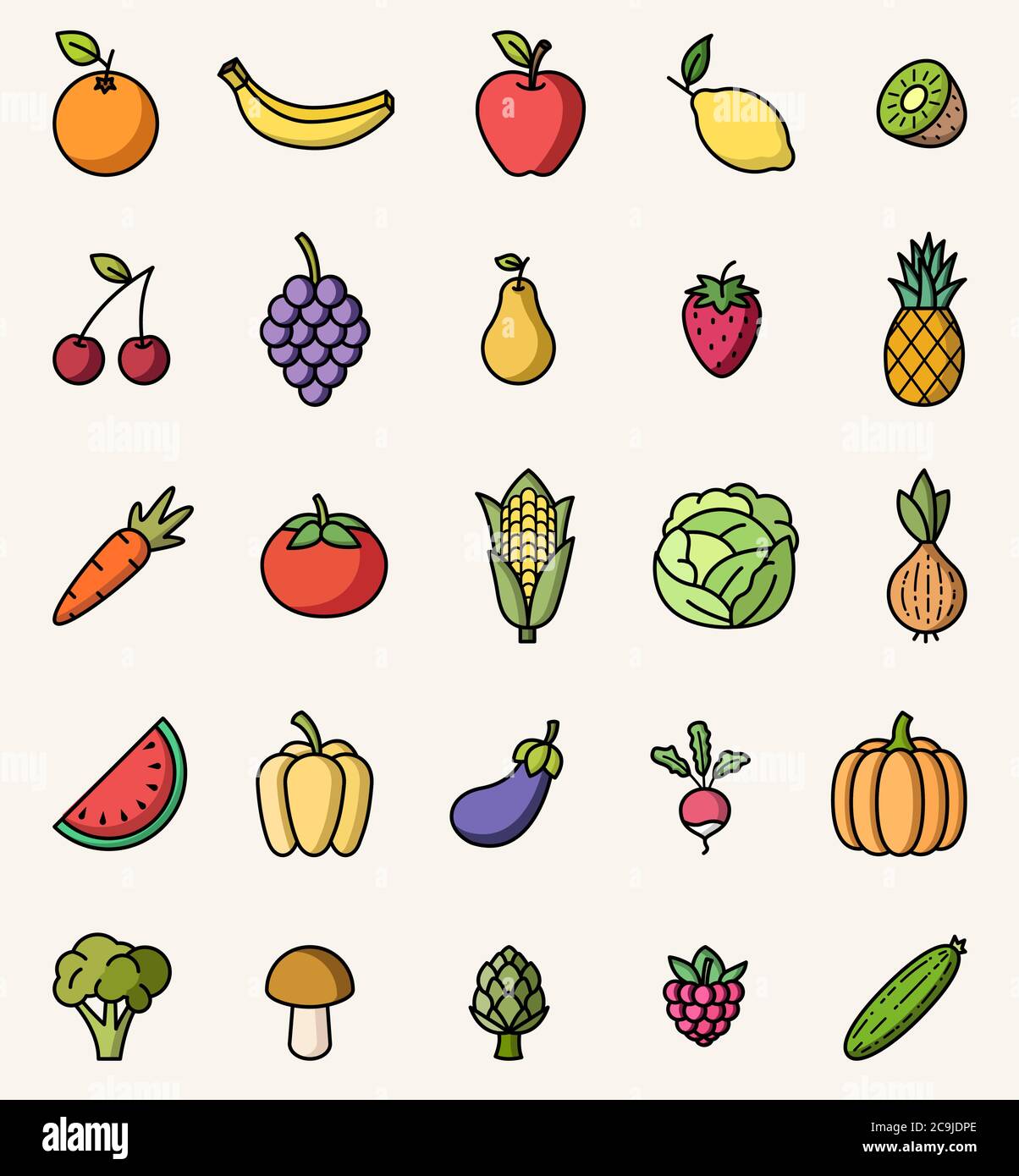 Obst und Gemüse bunte isolierte Symbole Vektor-Set Stock Vektor