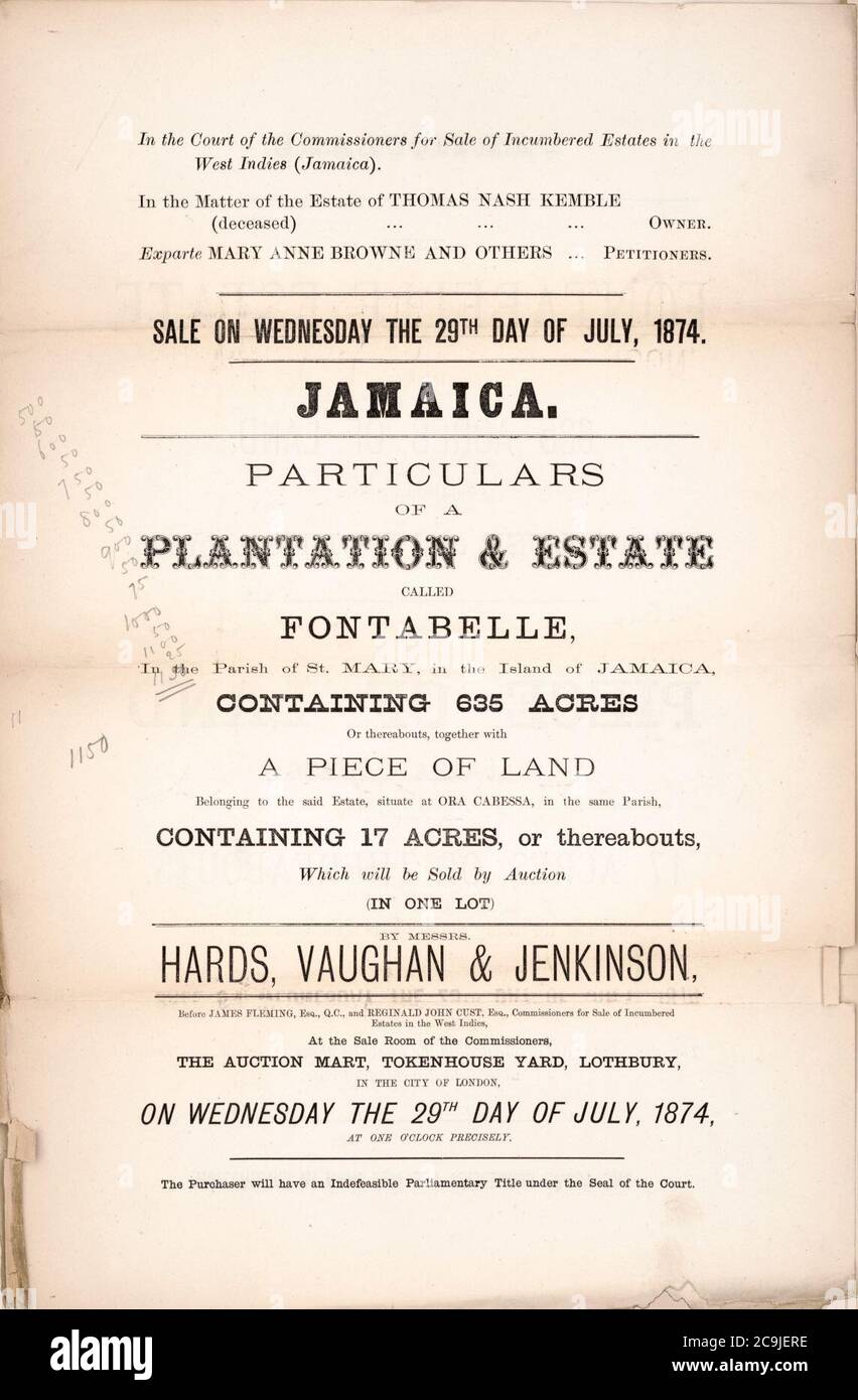 Jamaika, Angaben zu einer Plantation & Estate - genannt Fontabelle, in der Pfarrei St. Mary, auf der Insel Jamaika, mit 635 Hektar oder damit, zusammen mit einem Stück Land gehören Stockfoto