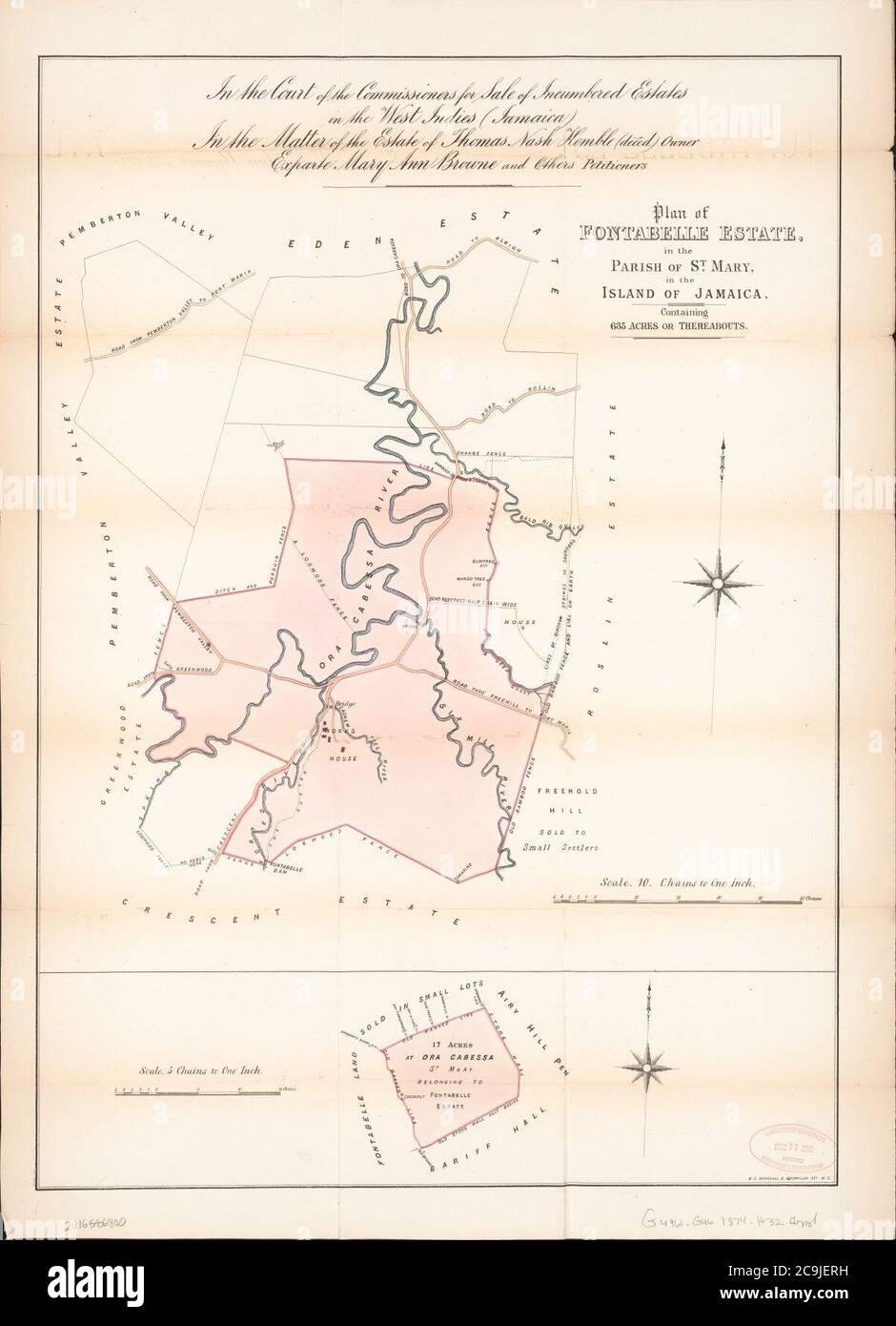 Jamaika, Angaben zu einer Plantation & Estate - genannt Fontabelle, in der Pfarrei St. Mary, auf der Insel Jamaika, mit 635 Hektar oder damit, zusammen mit einem Stück Land gehören Stockfoto