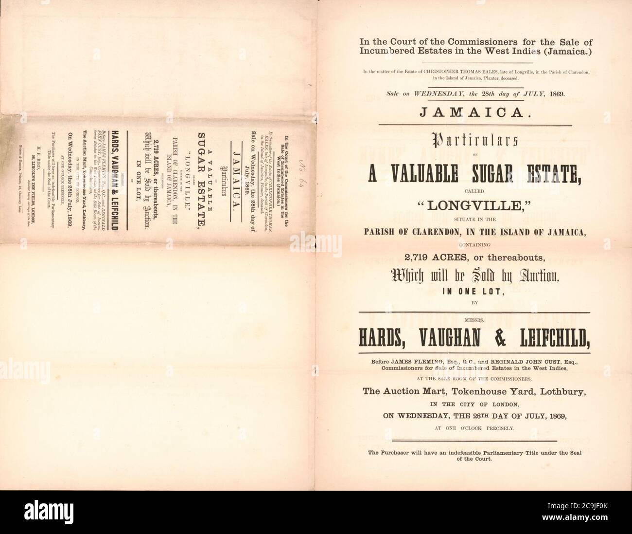 Jamaika, Angaben zu einem wertvollen Sugar Estate - genannt ‘Longville,‘ situate in der Parish of Clarendon, auf der Insel Jamaika, mit 2,719 Hektar, oder so verweils - die von verkauft werden Stockfoto