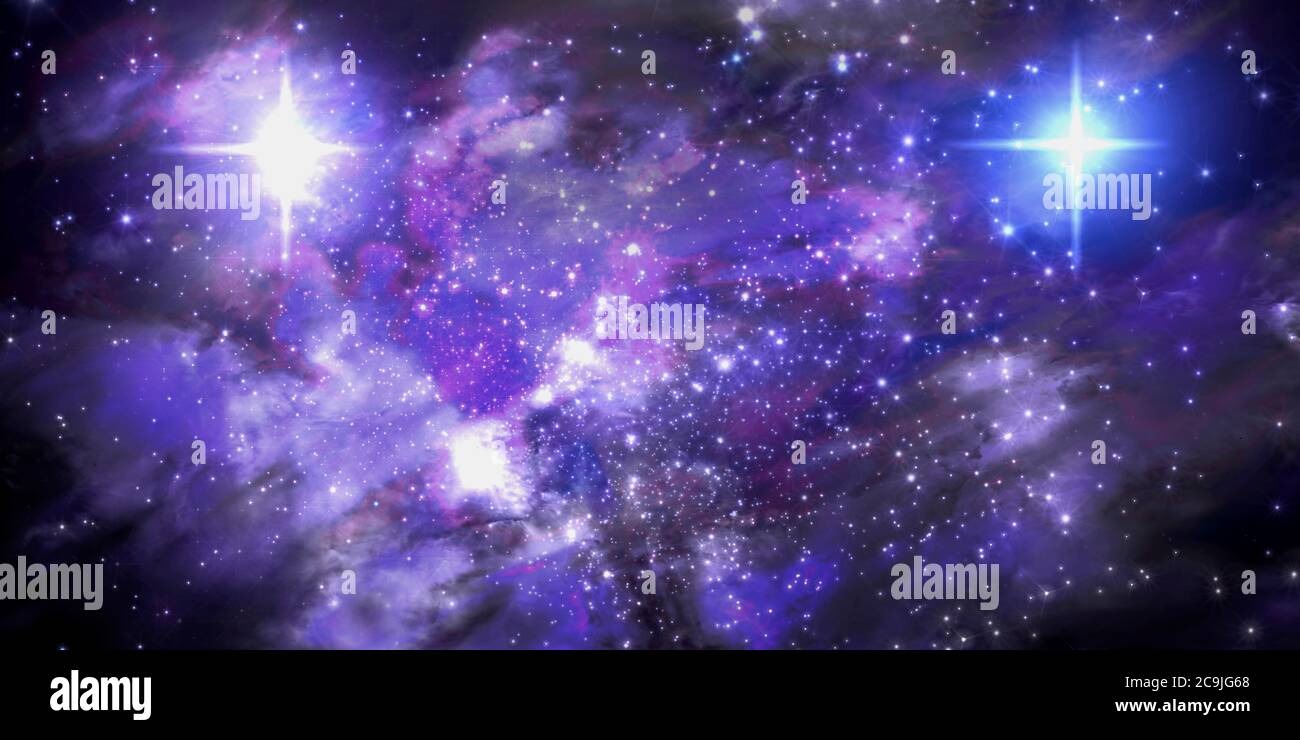 Illustration eines fiktiven Sternfeldes, dunkler Nebel, heller Sonne und Galaxien. Stockfoto