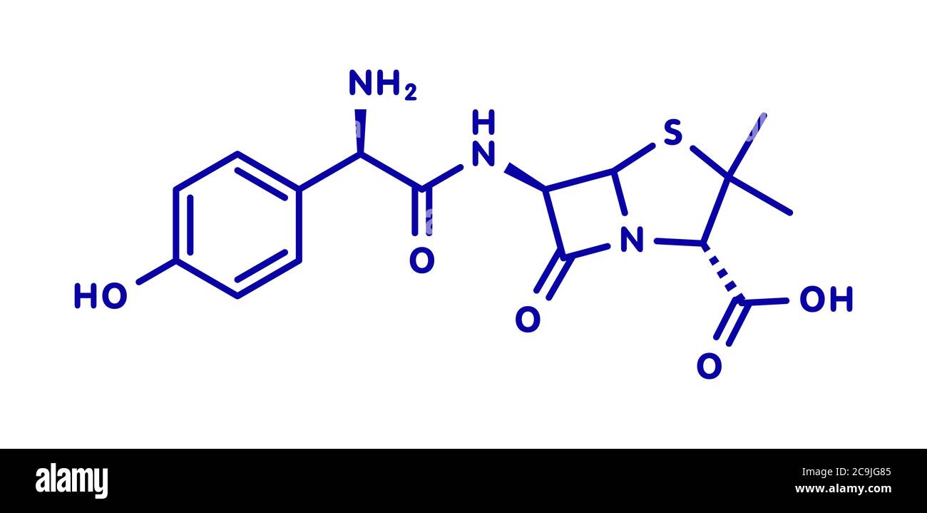 Amoxicillin beta-lactam Antibiotikum-Molekül. Blaue Skelettformel auf weißem Hintergrund. Stockfoto