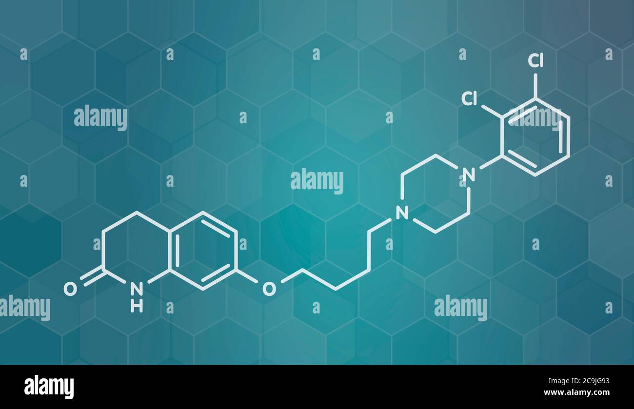Aripiprazol lauroxil antipsychotisches Drogenmolekül (injizierbare verlängerte Freisetzungsform).. Weiße Skelettformel auf dunklem blauem Gradienten Hintergrund mit ihm Stockfoto