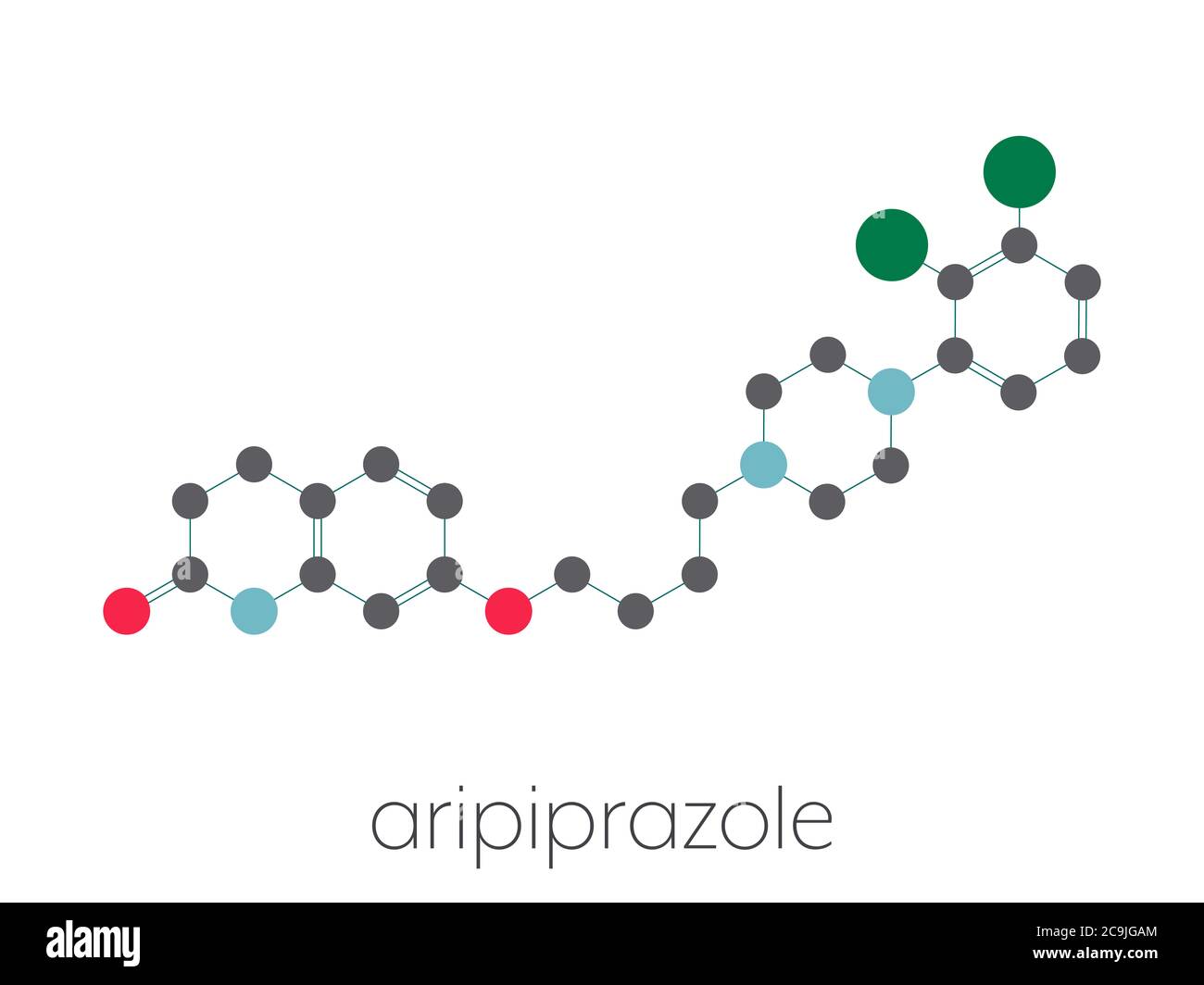 Aripiprazol lauroxil antipsychotisches Drogenmolekül (injizierbare verlängerte Freisetzungsform).. Stilisierte Skelettformel (chemische Struktur). Atome werden angezeigt Stockfoto