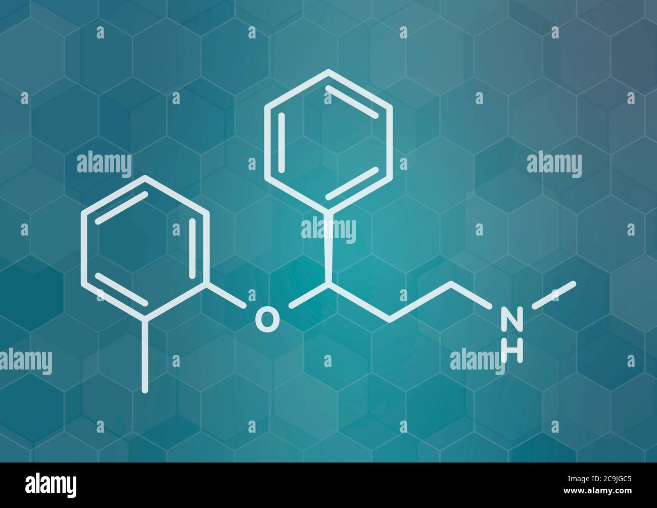 Atomoxetin Aufmerksamkeits-Defizit-Hyperaktivitätsstörung (ADHD) Drogenmolekül. Weiße Skelettformel auf dunklem blauem Gradienten-Hintergrund mit sechseckigem Patt Stockfoto