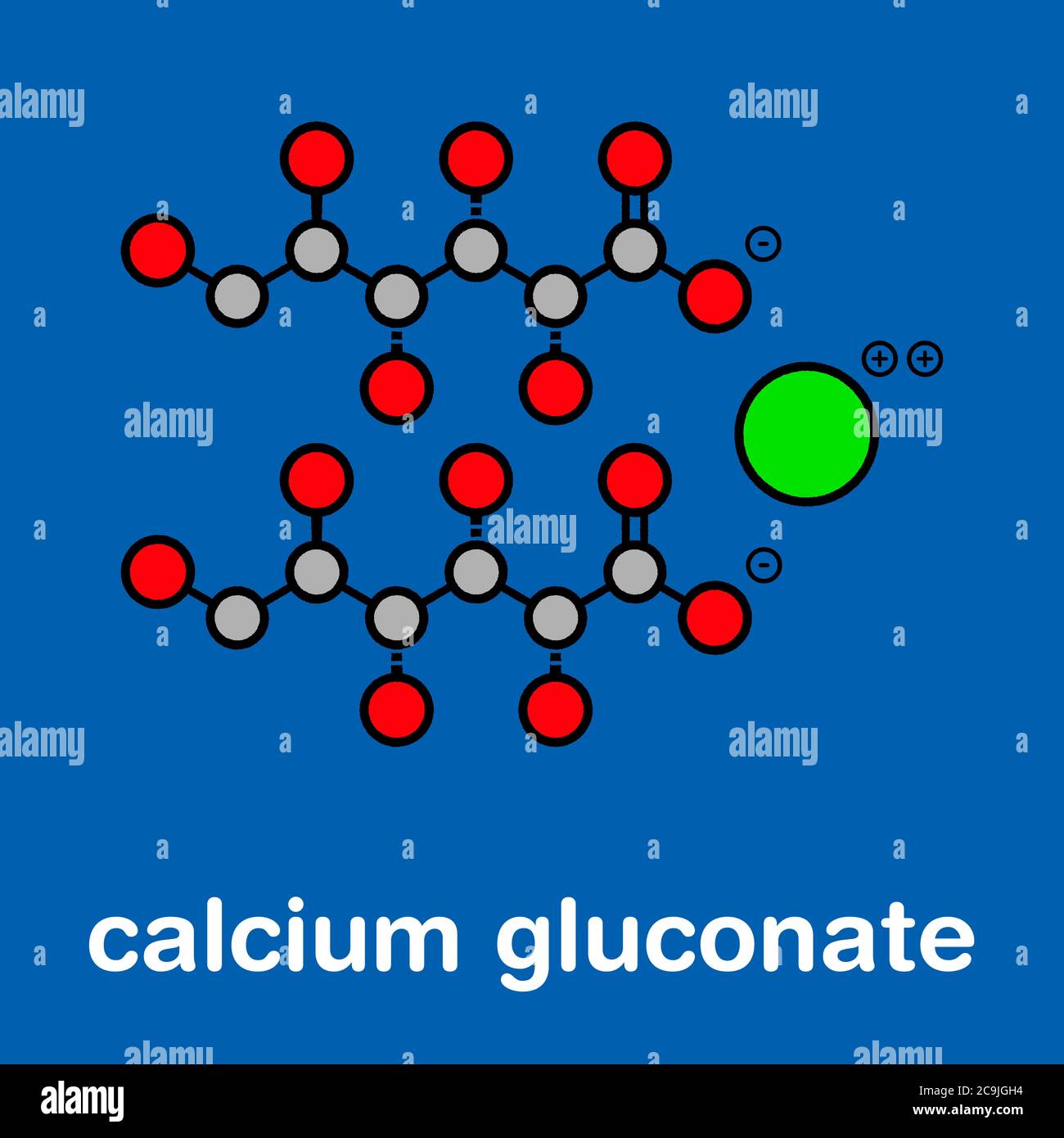 Calciumgluconat-Medikament. Lösliche Form von Ca, verwendet, um Magnesium Überdosis, Hypokalzämie und Fluorwasserstoffsäure (HF) Verbrennungen zu behandeln. Stilisierte Skelettformul Stockfoto