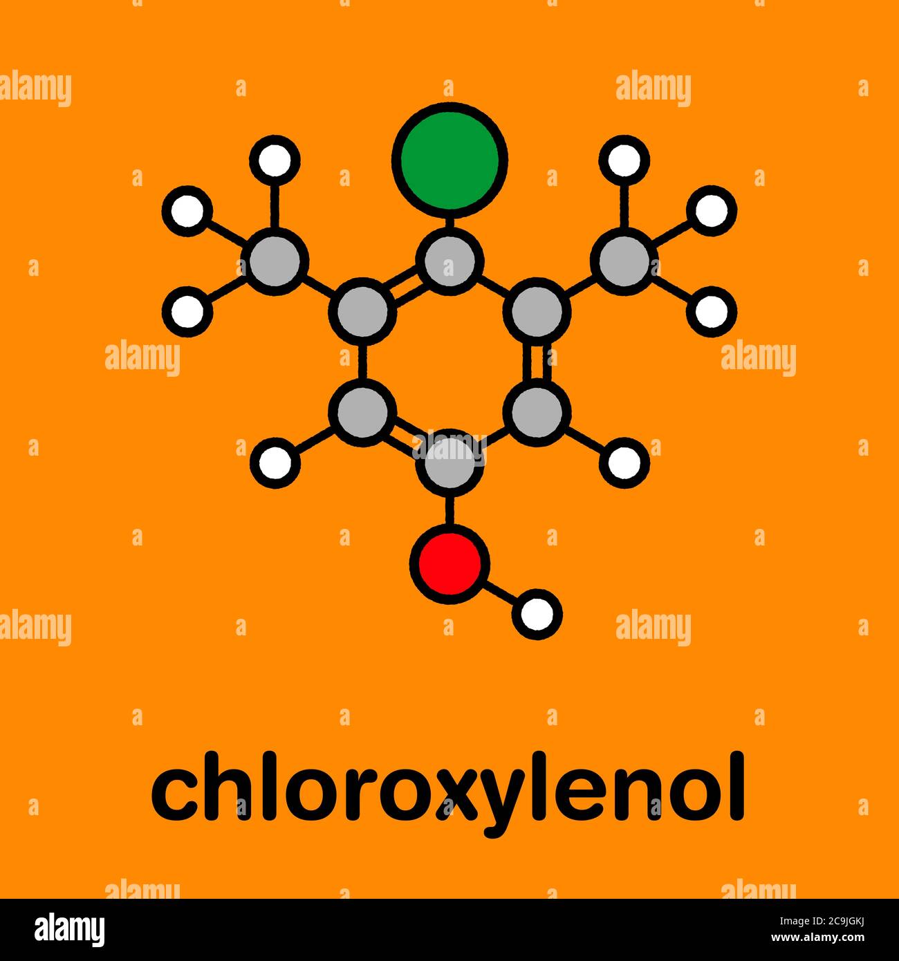 Chloroxylenol antiseptisches Molekül. Desinfektionsmittel gegen Bakterien, Algen, Pilze und Viren. Stilisierte Skelettformel (chemische Struktur). Atome Stockfoto