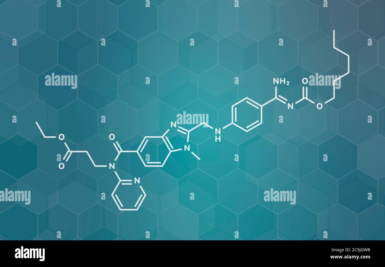 Dabigatran Antikoagulans Medikament (direkter Thrombin-Inhibitor) Molekül. Weiße Skelettformel auf dunklem blauem Gradienten-Hintergrund mit sechseckigem Muster. Stockfoto