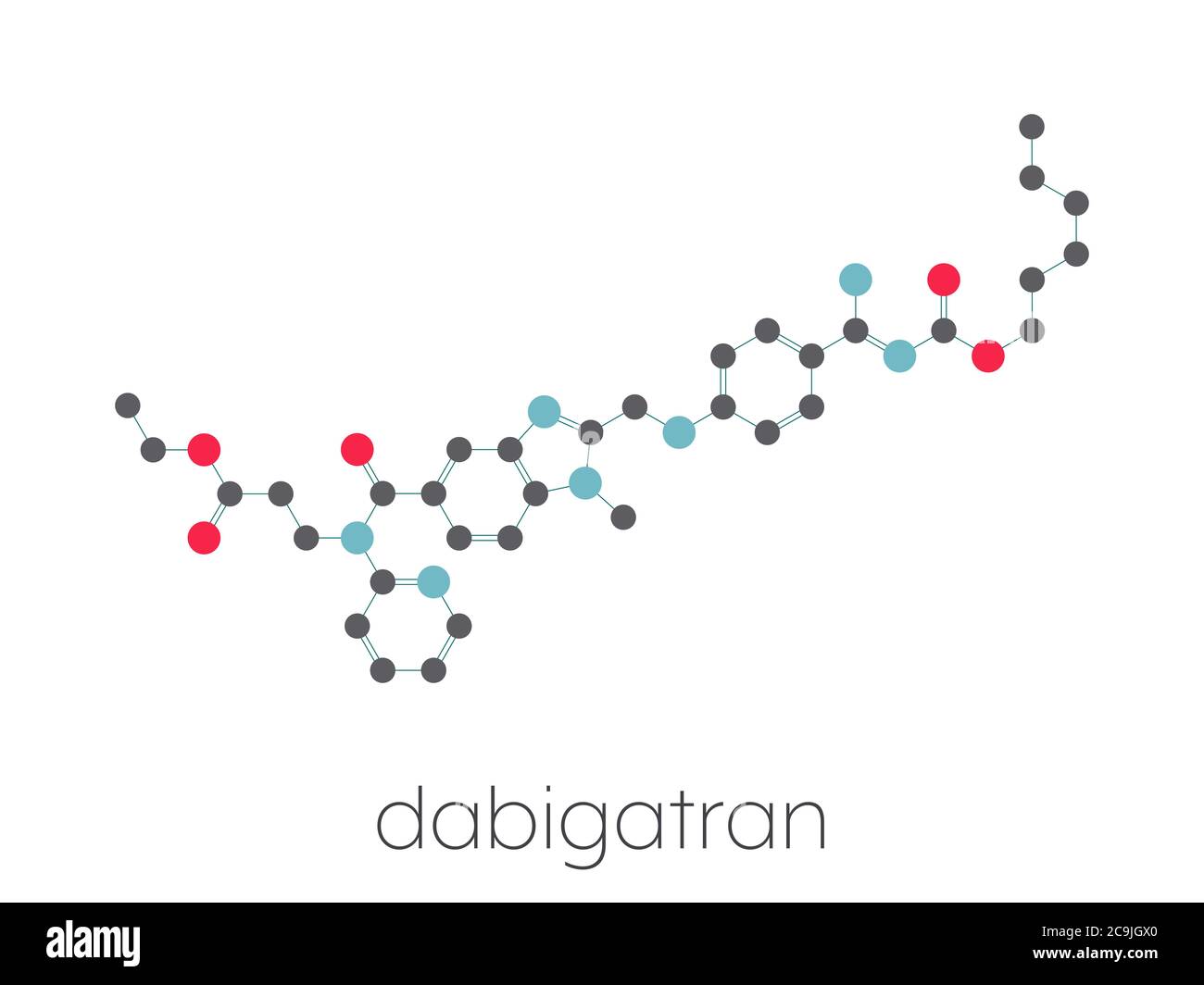 Dabigatran Antikoagulans Medikament (direkter Thrombin-Inhibitor) Molekül. Stilisierte Skelettformel (chemische Struktur). Atome werden als farbcodierte CIR dargestellt Stockfoto