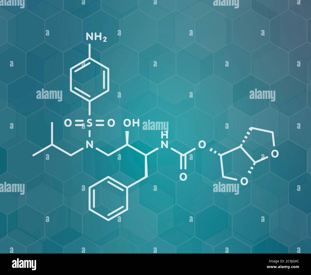 Darunavir HIV-Medikament (Protease-Inhibitor-Klasse) Molekül. Weiße Skelettformel auf dunklem blauem Gradienten-Hintergrund mit sechseckigem Muster. Stockfoto