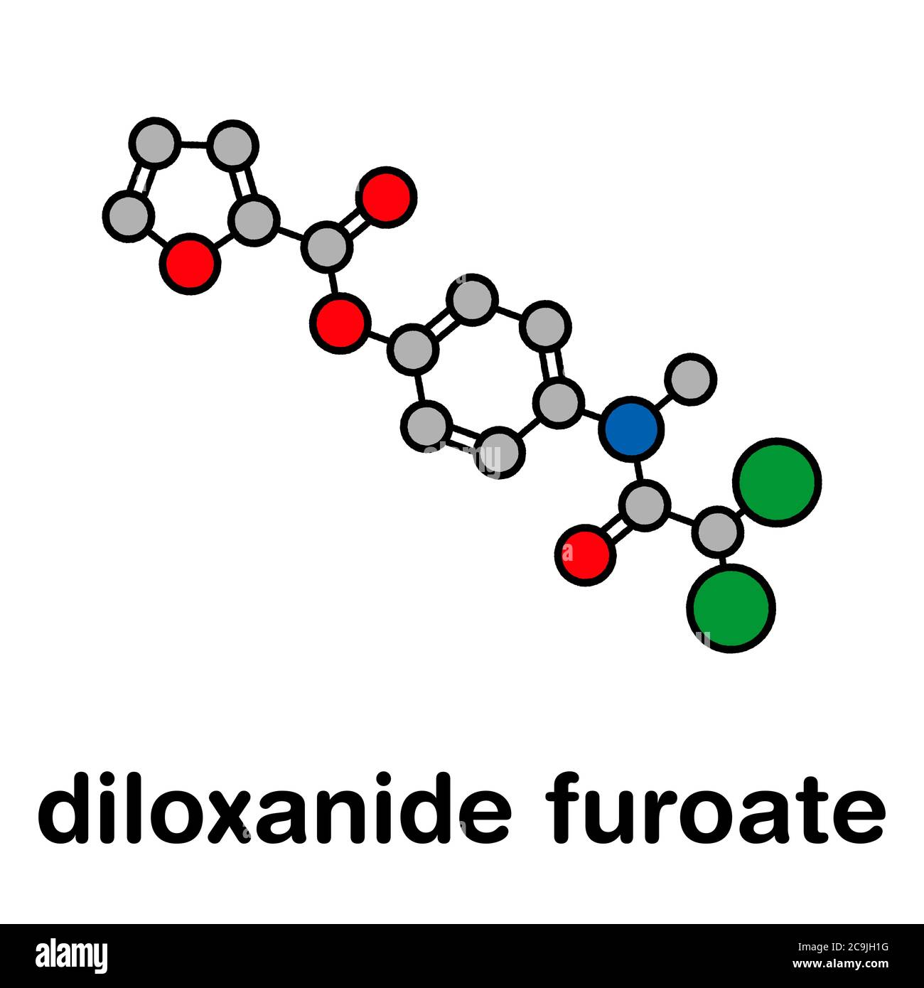 Diloxanid Furoat Amöbiasis-Molekül. Wird bei der Behandlung von Entamoeba histolytica Infektionen verwendet. Stilisierte Skelettformel (chemische Struktur). Bei Stockfoto