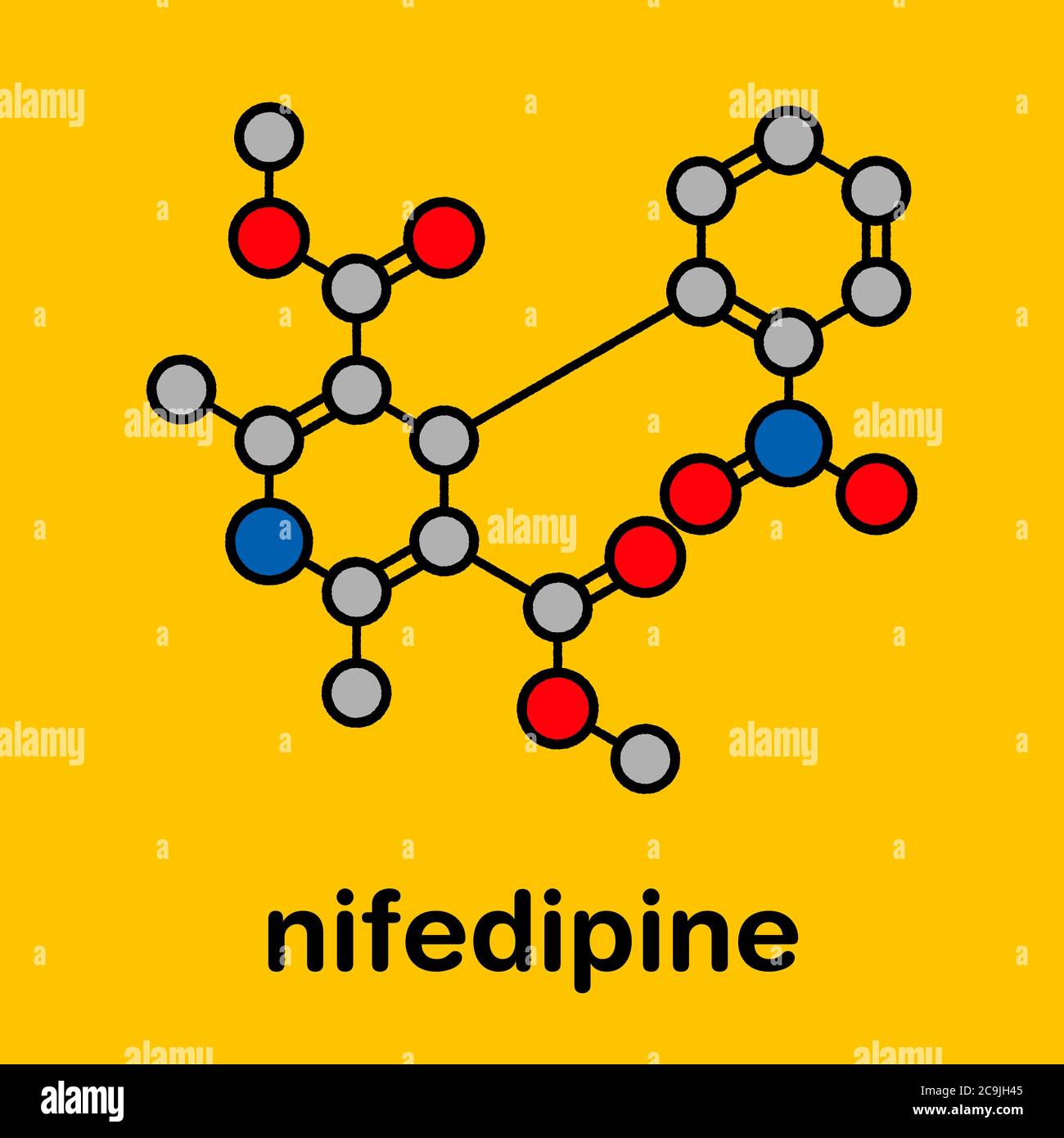 Nifedipin Calcium Kanal Blocker Droge. Wird bei der Behandlung von Angina pectoris und Bluthochdruck (Bluthochdruck) verwendet. Stilisierte Skelettformel (chemische Struktur Stockfoto